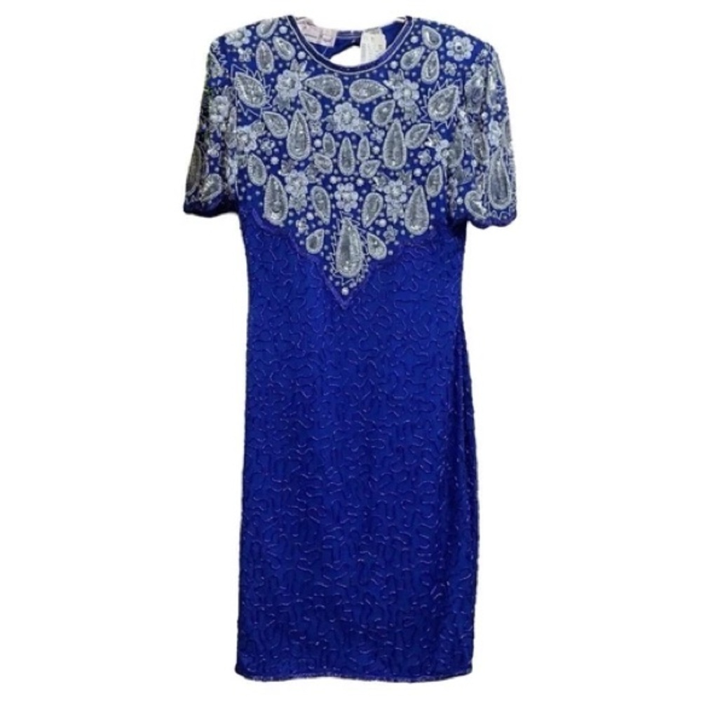 Vtg Laurence Kazar Cocktail Dress • Blue Silver Silk Beaded Sequined Keyhole